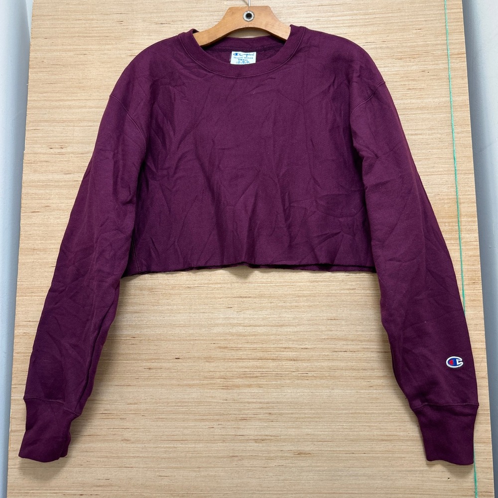 Champion Reverse Weave Cropped Sweatshirt Burgundy Maroon Small Raw Hem Logo